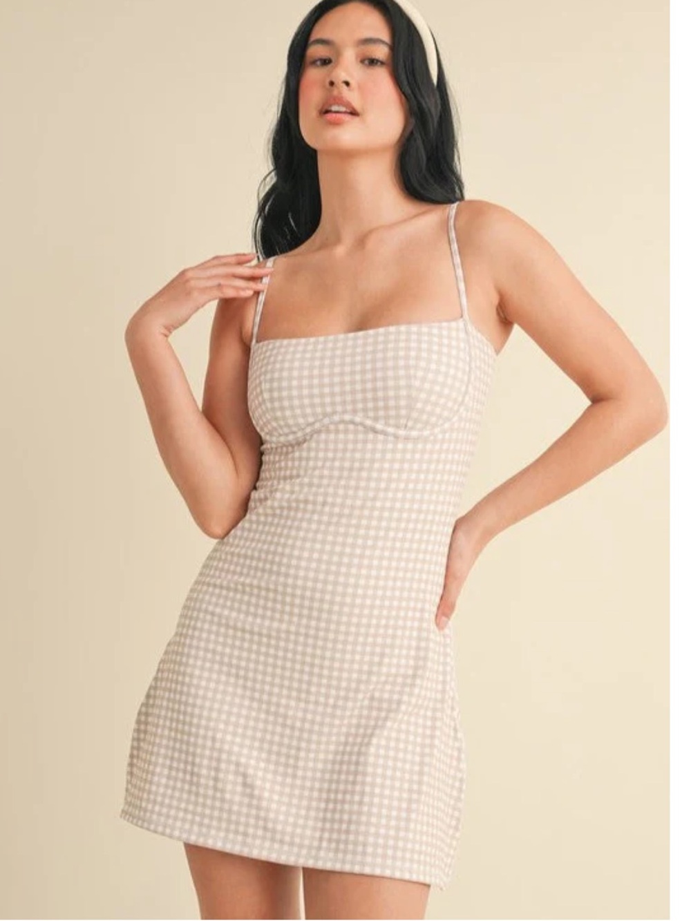 Gingham Bustier Slip Dress - Beige